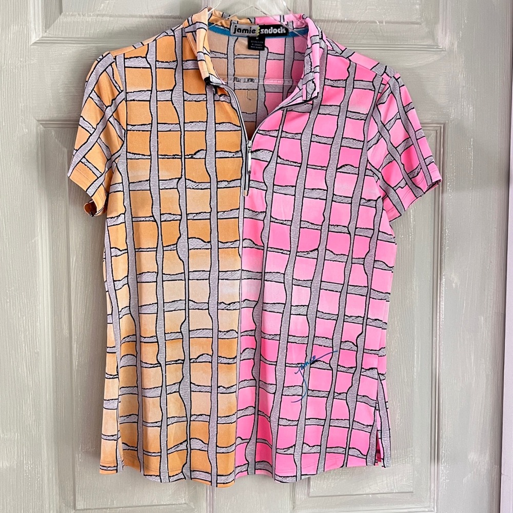 Jamie Sadock Golf Polo M Womens 1/4 Zip Abstract Grid Pink Orange Athleisure